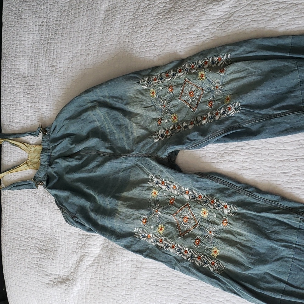 Wide leg baggy denim overalls